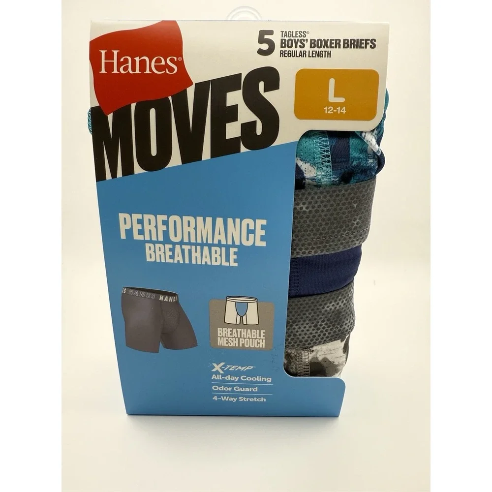 Hanes‎ Boys Boxer Briefs 5 Pack Performance Breathable X-Temp Size L 12-14 New